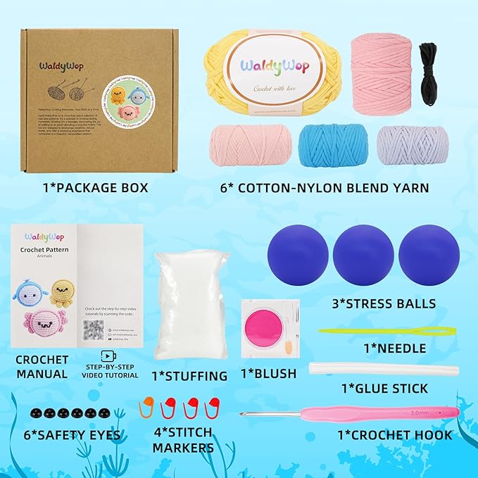 WaldyWop Crochet Kit for Beginners: 3PCS Crochet Animal Kits w/Stress Balls, Step-by-Step Video Tutorials - Wobbles DIY Craft Kit for Adults Kids - Gifts for Girls&Women (Dolphin, Octopus, Axolotl)
