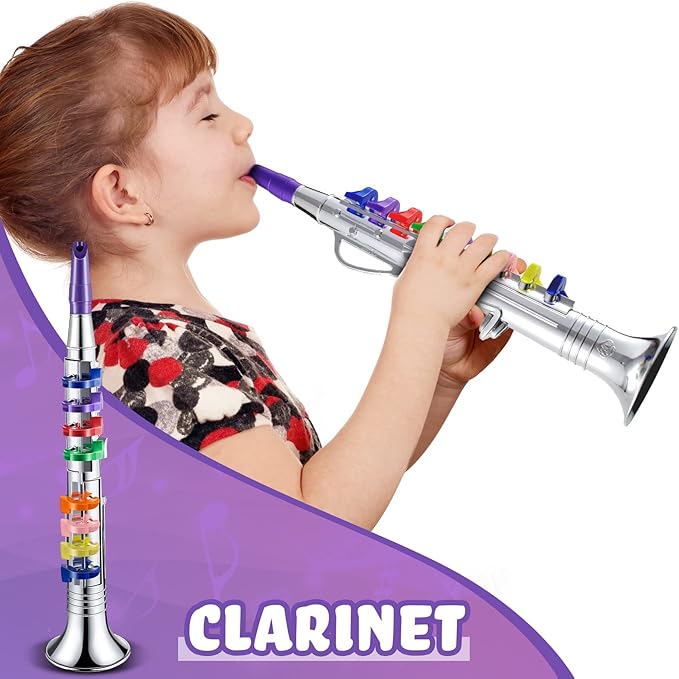 Amylove Set of 2 Toy Trumpet and Clarinet for Kids Toddlers Plastic Instruments Fake Music Toy Portable Early Educational Toys Teaching Songs Musical Gifts(Silver)