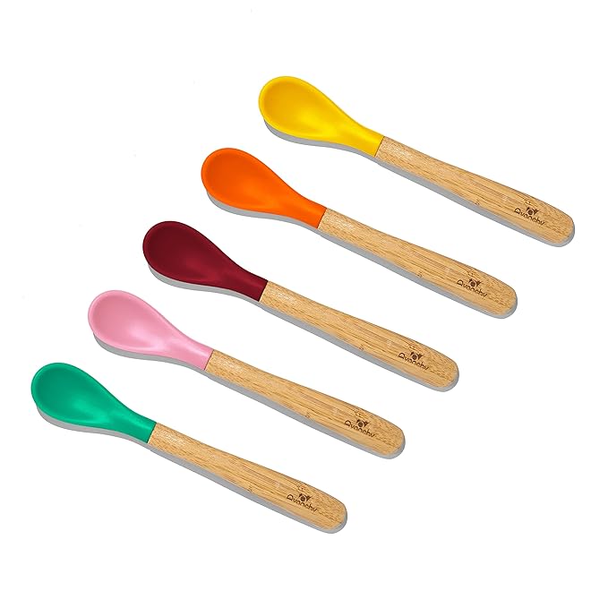 Avanchy Bamboo & Silicone Infant Training Spoons, BPA Free - Soft Tip, Easy on Gums, First Stage Feeding Utensils for Baby-Led Weaning, Self-Feeding, Assorted w/Pink