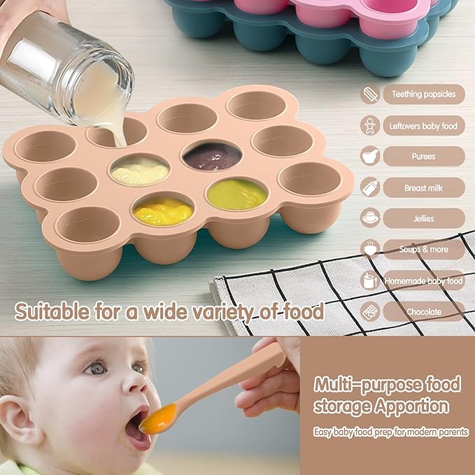 Baby Food Storage 12 x 1.5OZ Silicone Freezer Tray with Lid, Food Grade Silicone Containers for Purees & Vegetables Light Brown