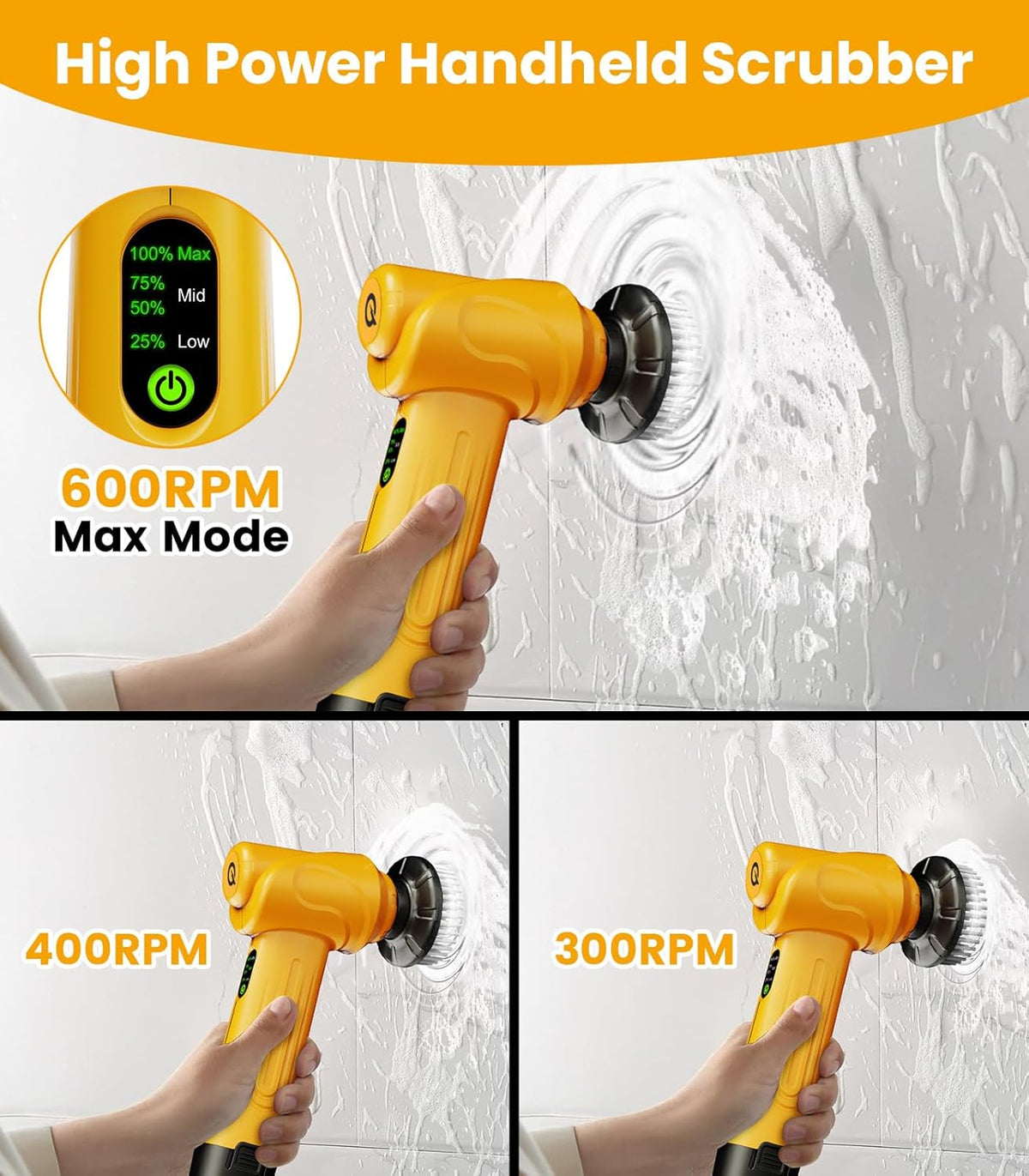qimedo 5000mAh Battery Electric Spin Scrubber Q4, Handheld Scrubber for Cleaning with Display, Power Dish Scrubber with 5 Heads, Shower Cordless Cleaning Brush for Bathroom/Sink/Window