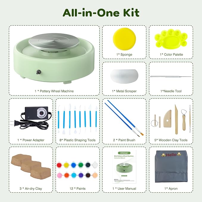Alldeer Mini Pottery Wheel Machine - 6" Upgraded Clay Wheel for Beginners & Kids, 75W Motor, Adjustable Speed, Low Noise Ceramic Making Kit with 18PCS Sculpting Tools, Ideal for Home DIY (Green)