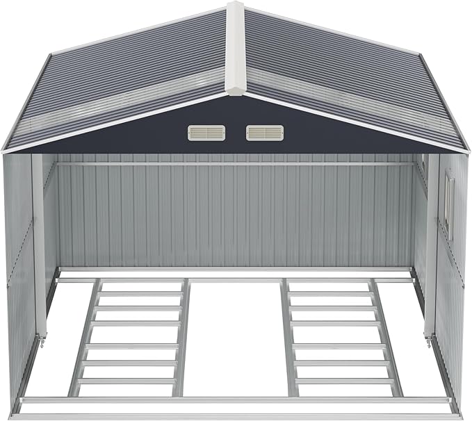 10x12 Metal Shed with Floor Frame Kit & Reinforced Construction - Translucent Roof Panels for Natural Light, Lockable Doors,Vents,Windows, Weatherproof Garden/Backyard/Patio Outdoor Storage