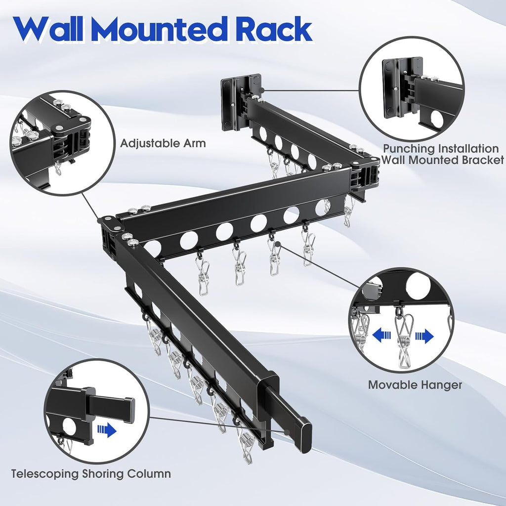 Clothes Drying Rack Foldable Wall Mounted Drying Rack 3 Fold Black-Laundry Drying Rack Durable Clothing Racks for Hanging Clothes