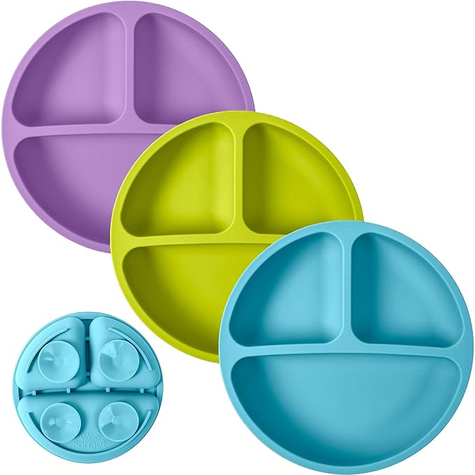 WeeSprout Suction Plates for Babies & Toddlers - 100% Silicone, Dinnerware Stays Put, Divided Design for Picky Eaters, Microwave & Dishwasher Friendly, 3 Pack