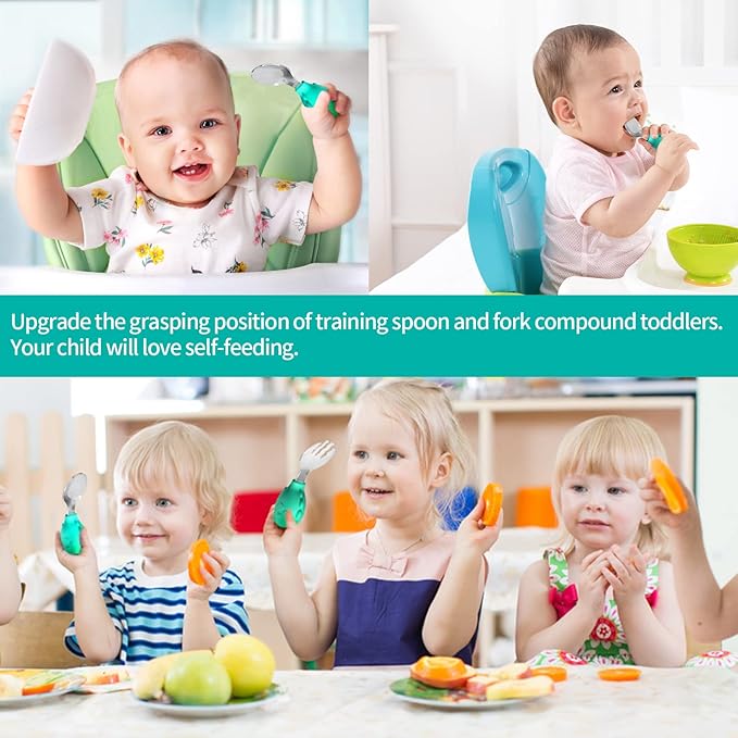 Deejoy Toddler Utensils - Stainless Steel Spoons and Forks, Kids Silverware Self Feeding Flatware Set with Travel Safe Case (Green)