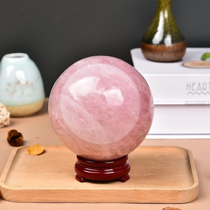 JIC Gem Natural Pink Rose Quartz Ball Sphere with Base,Class 1,3.5-3.9 Inch