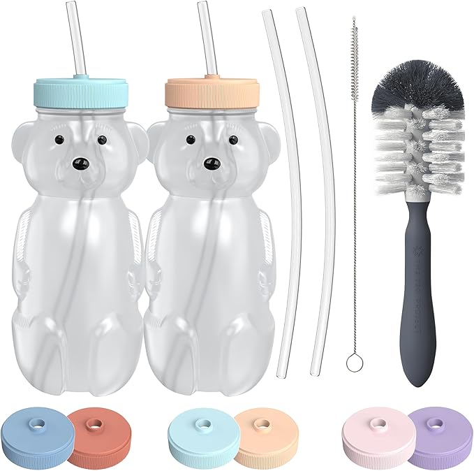 Honey Bear Straw Cup for Babies, 8oz Honey BearCup with Bottle Brush, 2-Pack Improved Lid Therapy Learning Honeybear Straw Cup for Baby, Blizzard & Creamsicle