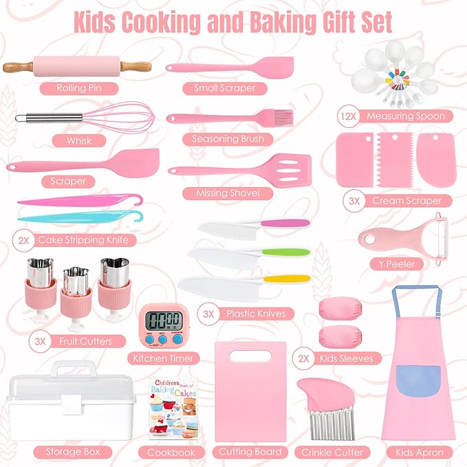 37PCS Kids Cooking Sets Real, Kids Cooking and Baking Gift Set with Storage Case Timer Kid Safe Knives Cutting Board, Toddler Real Kitchen Tools, Birthday Gifts for Girls Boys Age 4 - 8