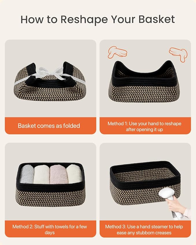 KALLAX Small Woven Basket, 12 x 8 x 4.5 Inches, Storage Basket for Organizing, Cute Small Rope Shelf Closet Cube Storage Bins Baskets for Shelves, Dog Toy Gift Baskets Empty, 3 Pack Black & Brown