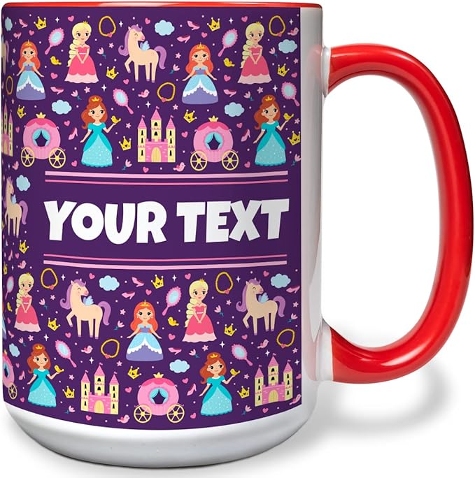Personalized Mug for Kids - Princesses - Custom Name/Text, Ceramic Hot Chocolate/Cocoa/Coffee Cup for Girls, Birthday/Christmas/Holiday Gift - 15 oz, Red Handle