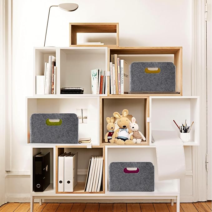 Welaxy Storage Baskets Collapsible Felt Storage bin Foldable Shelf Drawers Organizers for Kids Pet Toys magazine Books Clothes Closet Cabinet decluttering (Curry +Moss green + Wild berry)