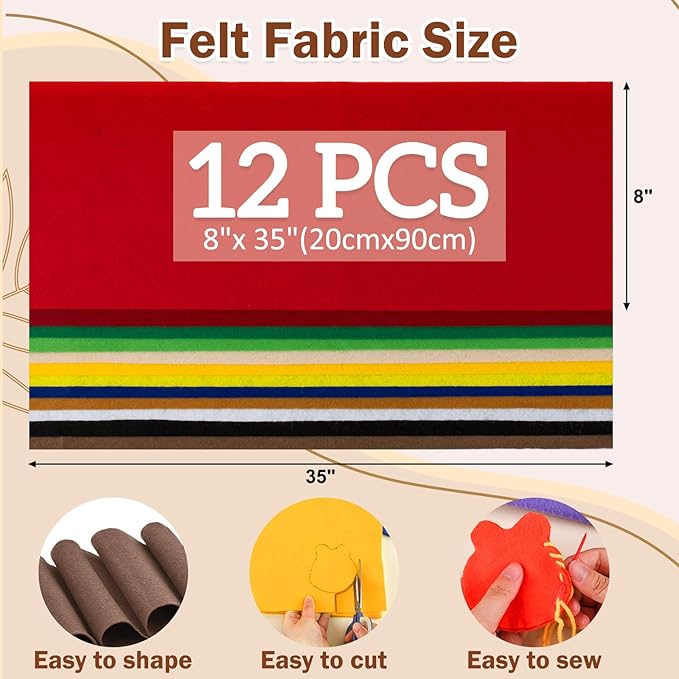 12 Rolls 8"x35"(20.5x90cm) 1.4mm Thick Soft Felt Fabric Sheet 12 Assorted Colors Felt Pack for DIY Craft Sewing Squares Nonwoven Patchwork