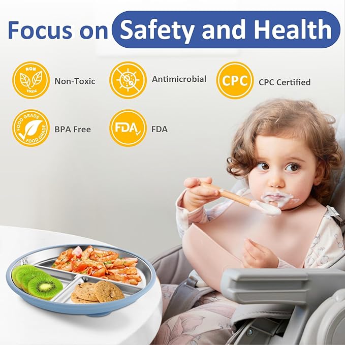 Stainless Steel Suction Plates for Toddlers, 9" Divided Kids Baby Plates with Removable Silicone Suction, Non Toxic Non Slip Portion Control Snack Dishes 3 Packs, Blue Gray Blush