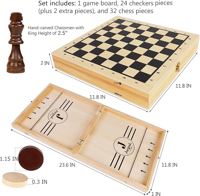 Juegoal 4-in-1 Wooden Fast Sling Puck Set for Kids and Adults, Chess, Checkers, Tic Tac Toe Games, Travel Portable Folding Tabletop Chess Board Game Sets, Interactive Families Toys