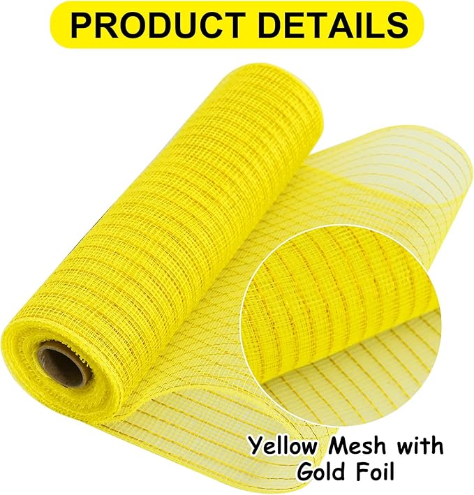 TONIFUL 2 Rolls 10 Inch Yellow Decorative Mesh Ribbbon Rolls, Fabric Mesh with Foil for Wreath Supplies, Front Door Wreath Crafts Tree Decor Christmas NewYears Halloween Decoration (10 yds/roll)