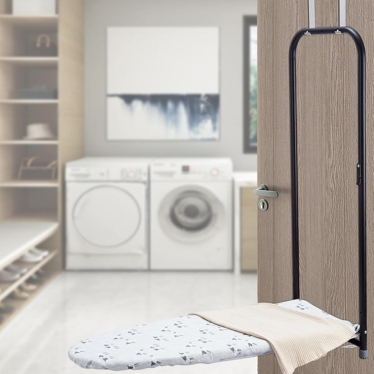 Over The Door Ironing Board Cover 13 x 37 inch, Small Iron Board Cover w 3 Layers Heat Reflective Thick Padding with Hook and Loop Fasteners (Gray Sheep)