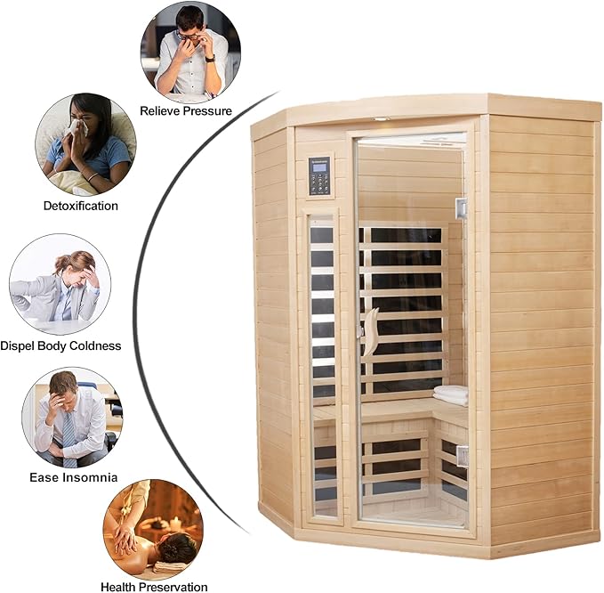 Far Infrared Sauna Low EMF Wooden Saunas for Home, 2-3 Person Indoor Home Saunabox, 1600watt Canadian Hemlock Sauna Room with Bluetooth, LCD, 10 Minutes Pre-Warm up