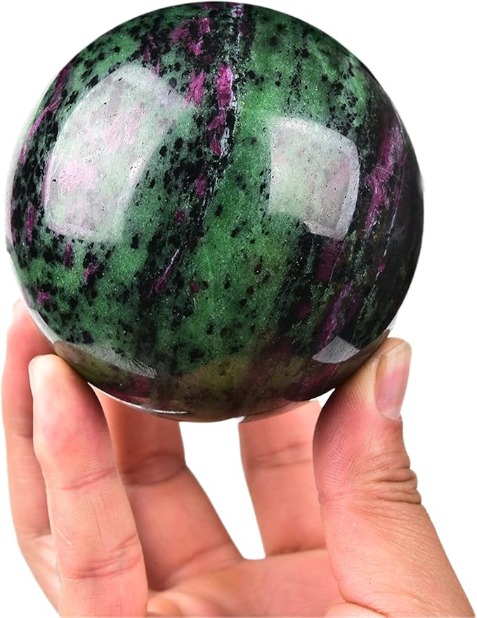 JIC Gem Natural Quartz Crystal Ball Ruby Zoisite Gemstone Sphere with Decoative Stand Red&Green Treasure Healing Crystal Ball for Meditation Grid Decor (80-90mm)