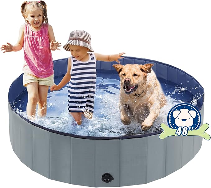 Foldable Dog Pool, Portable Pet Bath Tub and Kiddie Swimming Pool, Collapsible Bathtub for Puppies, Small, Medium and Large Dogs, Cats and Kids, 48 x 12 in, Gray