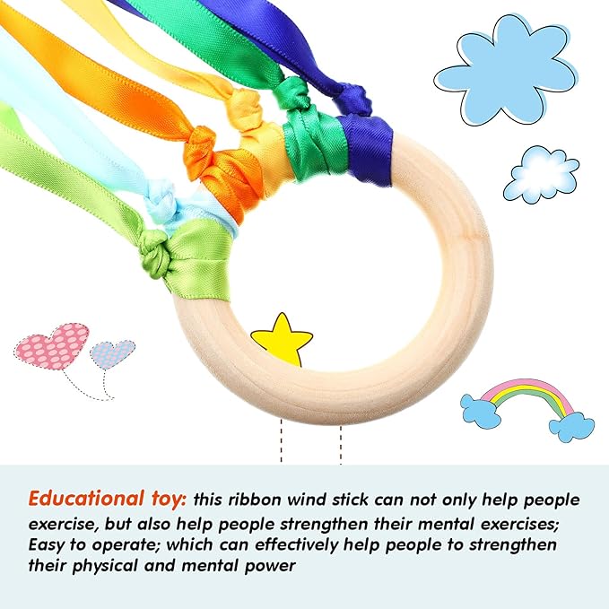 Sumind 6 Pcs Rainbow Ribbon Hand Kites Wands for Kids Dancer Streamer String Toy Thrown Waldorf Wand with Wooden Ring Wand Learning Educational(Bright Colors)