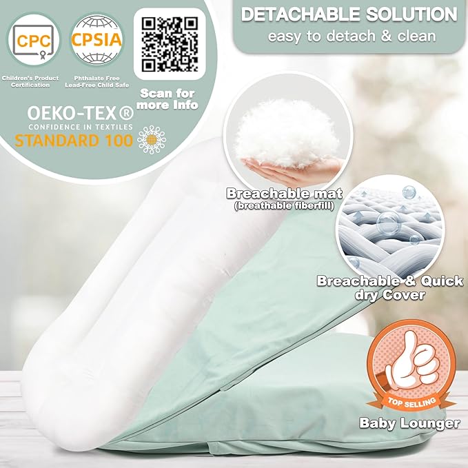 Baby Lounger - Snuggle Cozy Me Infant Lounger for Newborns | Flannel Cover, Breathable Soft, Portable Awake-Time Pad, Essential Baby Gift -Lake Green