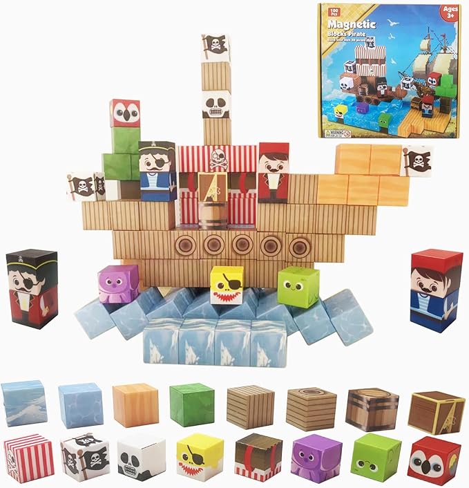 Magnetic Blocks Pirate Ship Magnet Cubes 100Pcs Montessori Building Block Sets STEM Sensory Construction Toys for Boys Girls Ages Kids 3-12 Birthday Party Gifts