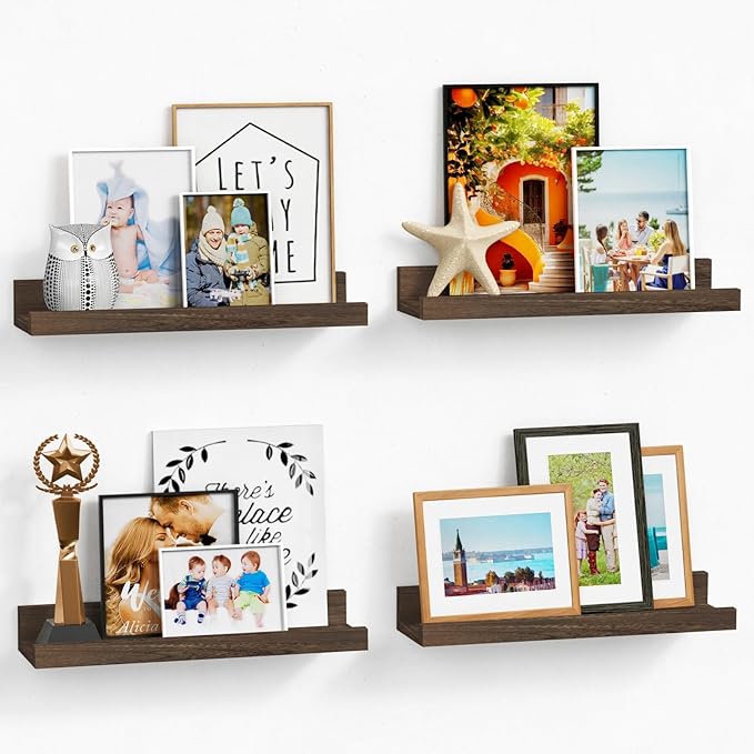 Forbena Dark Wood Nursery Floating Shelves for Wall Set of 4, Short Wall Bookshelf for Kids Bedroom, Wooden Hanging Book Shelves with Rail for Nursery Books, Baby Room Bathroom Storage (Dark Brown)