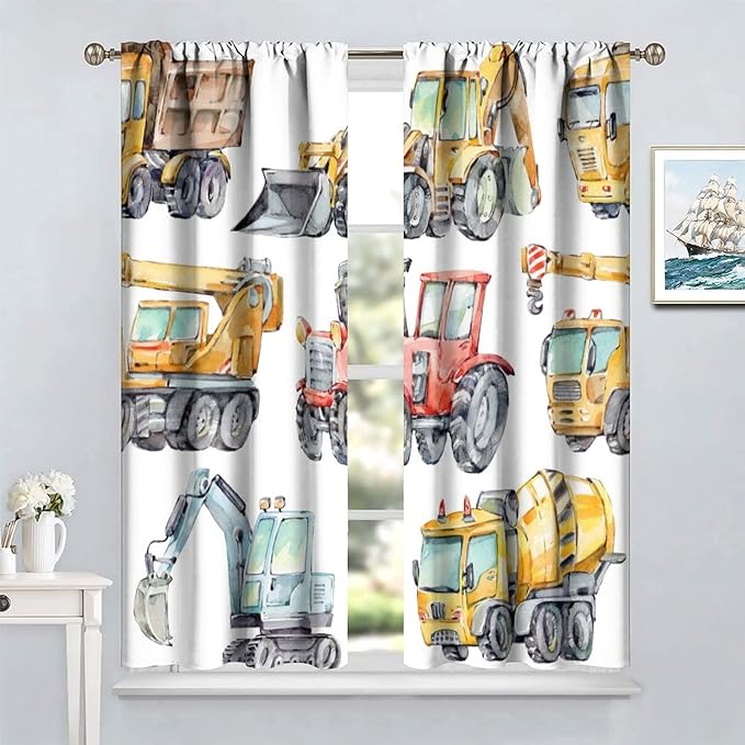 Kids Excavator Curtains, Retro Truck Tractor Machinery Construction Vehicle Crane Digger Mixer Rod Pocket Decorative Windows Curtain for Teens Girls Boys Room 72x63in (30% Blackout)