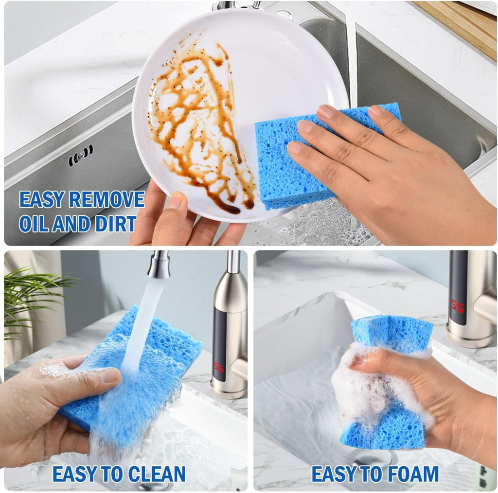 YoleShy Sponges Kitchen 10 Pack Natural Compressed Cellulose Sponges for Dishes Non Scratch for Household Cookware Bathroom Cars Soft Super Absorbent Reusable, Blue and Yellow
