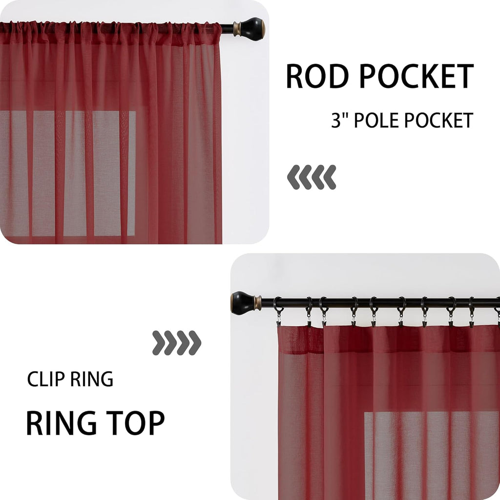Tollpiz Sheer Door Curtains Closet Linen Textured Curtains Sheer Doorway Light Filtering Voile Rod French Door Pocket Curtain Patio Glass Door, 25 x 72 inches Long, Burgundy Red, Set of 1 Panel