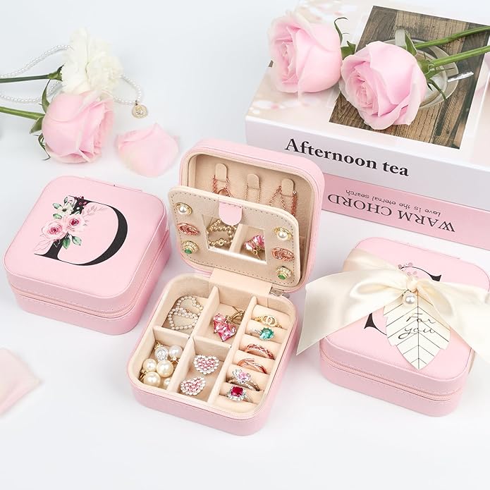 AYGXU Travel Jewelry Box for Women and Girls - Small Case With Initial A-Z - Teacher Gifts