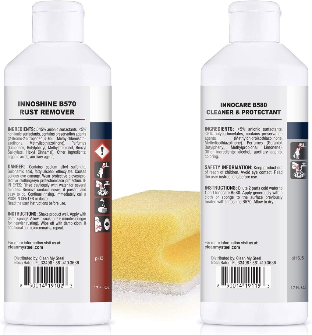 CLEAN MY STEEL Stainless Steel Rust Stain Remover, Protector & Cleaner Kit, Concentrated Formula, for Commercial Use, Appliances. Gloves & Sponge Included (17 oz)