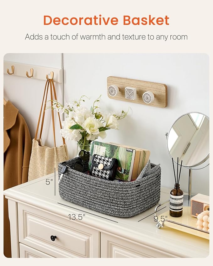 KALLAX Small Woven Basket, 13.5 x 9.5 x 5 Inches, Storage Basket for Organizing, Cute Small Rope Shelf Closet Cube Storage Bins Baskets for Shelves, Dog Toy Gift Baskets Empty, 3 Pack Mixed Black