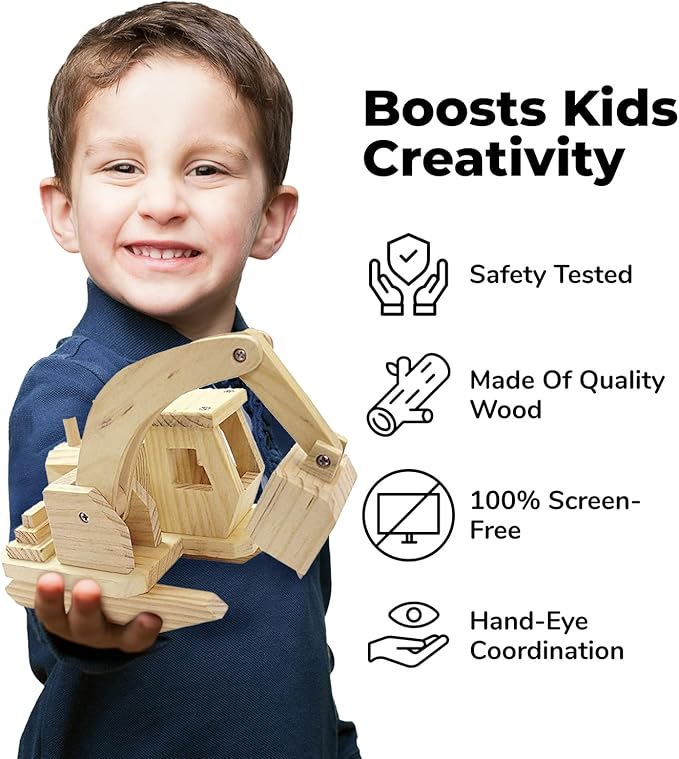 Kraftic Woodworking Building Kit for Kids and Adults, 3 Educational DIY Carpentry Construction Wood Model Kit STEM Toy Projects for Boys and Girls - Wooden Military Vehicle, Excavator and Bird-Feeder