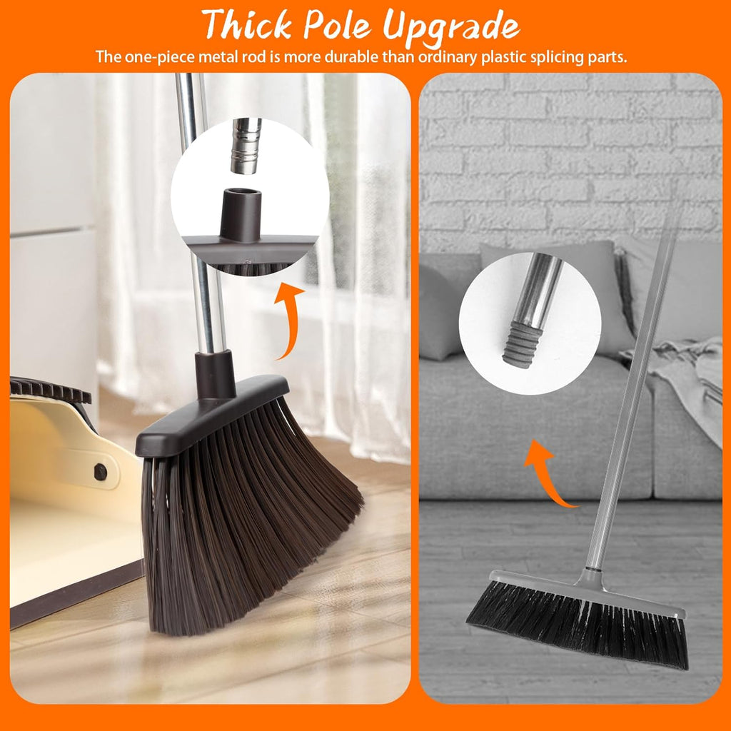 Broom and Dustpan Set, Dustpan Combo with 51" Stainless Steel Long Handle Brooms with 5-Layer Soft Bristles for Home Office Kitchen Bathroom(Beige)