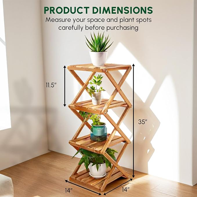 BEEFURNI Acacia Plant Stand Indoor Corner, Wooden Outdoor 4 Tier Corner Planter Stand, Foldable Shelf Display, Tall Plant Bench for Succulent, Easy Assembly, Window Decor, 1-year Manufacturer Warranty