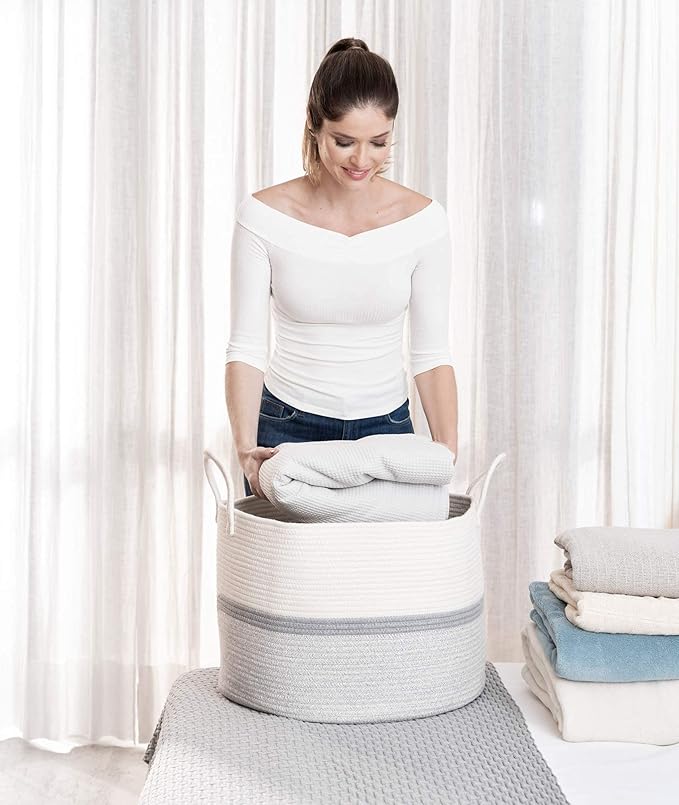 OrganiHaus Extra Large Blanket Basket for Living Room 20x13, Natural Cotton Rope Laundry Basket, Sturdy Hamper for Toy Storage, Cushions & Pillows Storage Bin, Nursery Decor Hamper - White/Gray