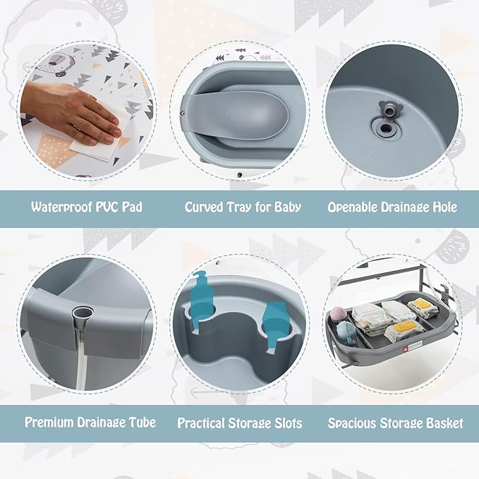 BABY JOY Baby Bathtub with Changing Table, Foldable Infant Diaper Changing Station with Storage Tray, Waterproof Pad, Portable Newborn Nursery Organizer Bath Stand with 4 Universal Wheels (Gray)