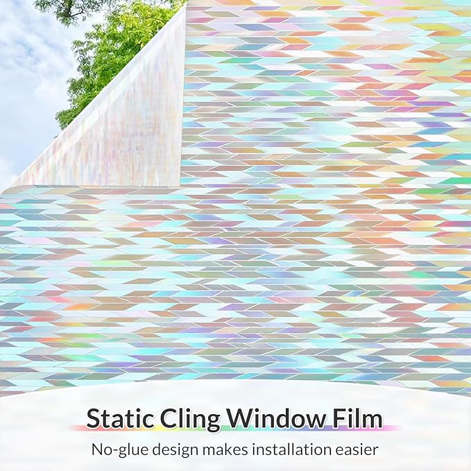 rabbitgoo Window Privacy Film with Installation Tools, Stained Glass Window Film Rainbow Prism Decorative Glass Clings for Home Decor, Static Cling Covering Sun Blocking, 35.4" x 157.4"