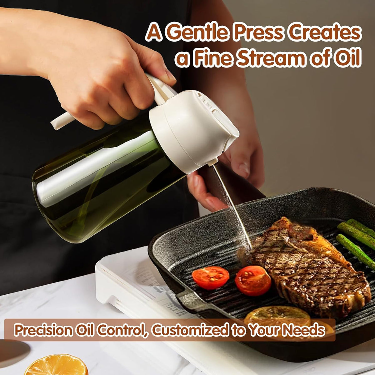 YARRAMATE 2PCS 16oz/470ml Oil Sprayer for Cooking with Stickers, Food-Grade 2 in 1 Olive Oil Dispenser Bottle for Kitchen, Premium Dark Green Glass Oil Bottle for Air Fryer, BBQ(White & Orange)
