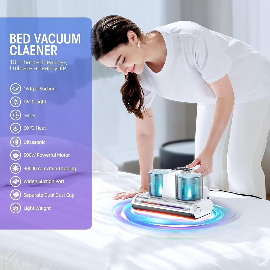 Mattress Vacuum Cleaner, 16Kpa Bed Vacuum with 253.7nm UV-C Light & Heating & Ultrasonic Quintuple Tech & 30000 RPM/Min Brushroll Rotation, Widened Suction Port, 500W, Corded