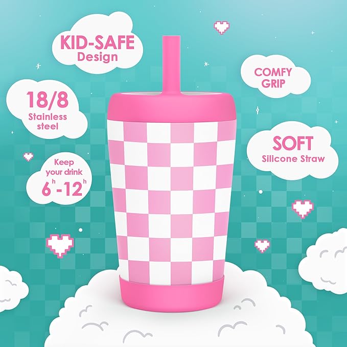 Kid Insulated Stainless Steel Tumbler with Silicone Straw, 12oz Sippy Cup for Kids (Pink Checkerboard)