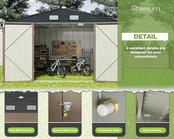 Greesum 10x8FT Outdoor Storage Shed, Utility Tool Shed Metal Storage Garden Shed with Door & Lock for Patio Storage, Brown