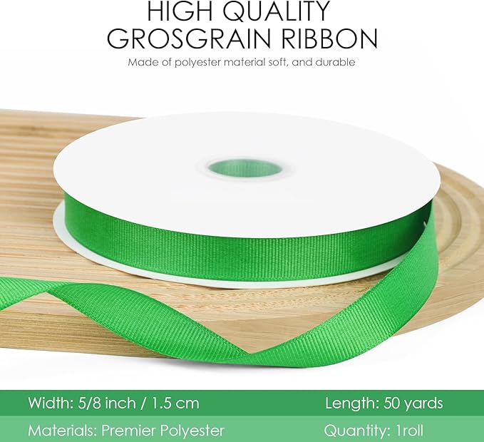 50 Yards 5/8 inch Grosgrain Ribbon, Solid Color Fabric Ribbon Perfect for Gift Wrapping, Wedding, Handmade Bows, Floral Bouquets and Party Decoration(Green)