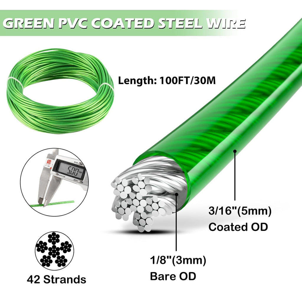 3/16" Wire Rope, 100 Ft PVC Coated Wire Cable Metal Steel Cable Trellis Kit, Multi-use Clothes Line Cable for T Post/Climbing Grapevines Plants Outdoor/String Light Hanging Kit