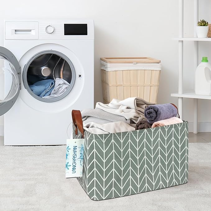 LANGYASHAN Rectangular Storage Bin Collapse Canvas Fabric Cartoon Storage Basket with Handles for Organizing Home Kitchen Boys and Girls Toys Office Closet Shelf Baskets (Rec Grey Point)