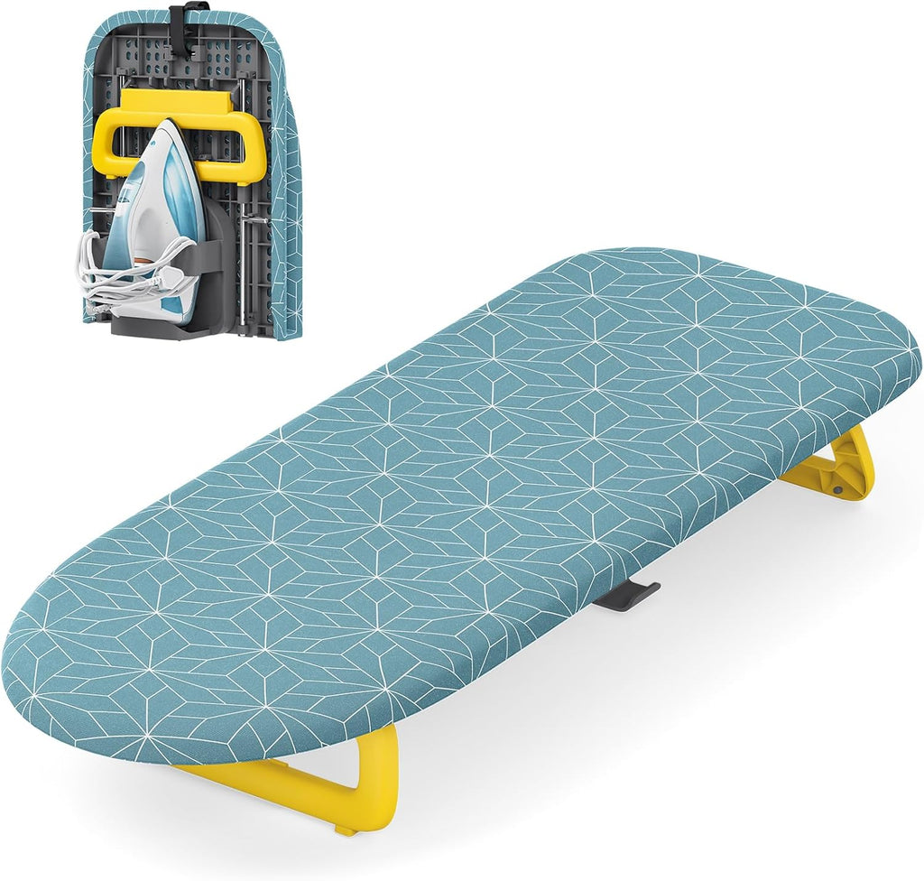 Small Ironing Board Tabletop, Foldable mini Ironing Board, Table top Ironing Boards Small, Compact Portable Ironing Boards with Iron Holder & Hanging Rope, Iron Table Stand 32x12, Light Blue