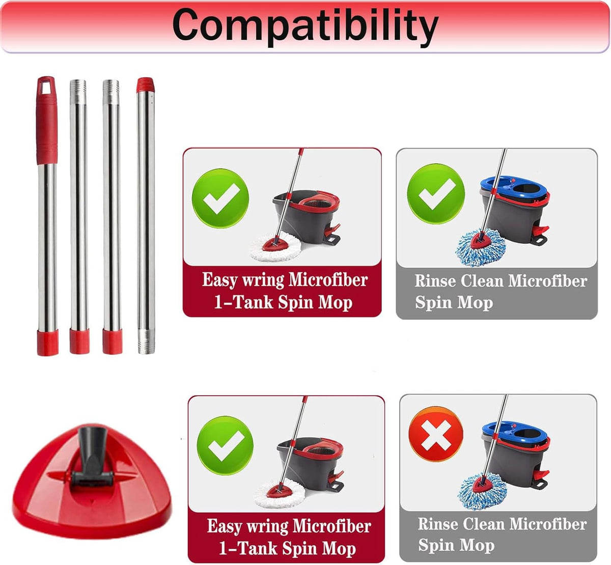 Spin Mop Replacement Handle, 4-Section 30-to-58 inch Mop Replacement Stick and Base Compatible with Ocedar Mop Handle for Easy Wring Mop Refills, Germany Screw Joint(Mop Head not Include)