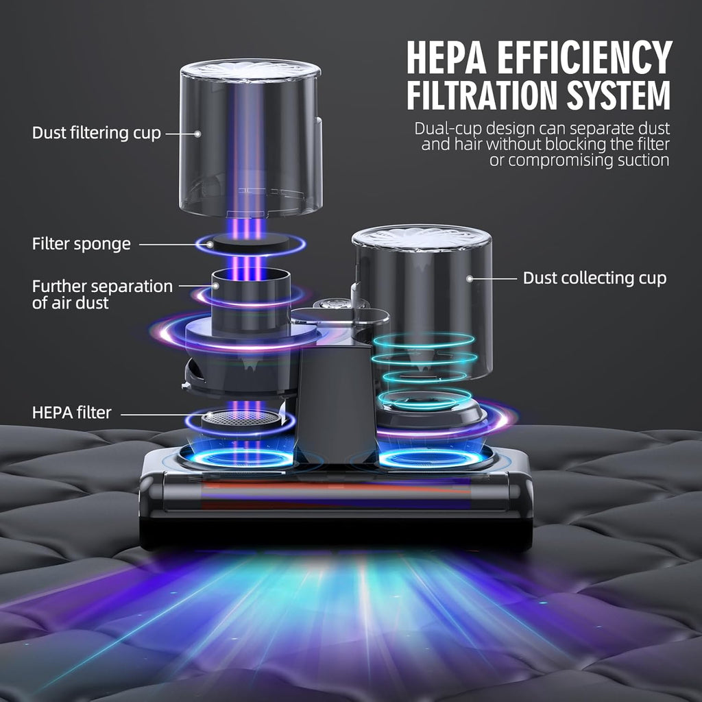 Mattress Vacuum Cleaner, 16Kpa Bed Vacuum Cleaner with 253.7nm UV-C Light & Heating & Ultrasonic Quintuple Tech & 30000 RPM/Min Brushroll Rotation, 500W, Corded
